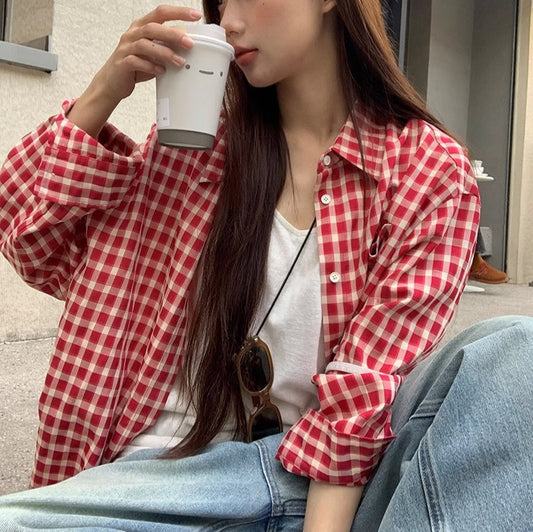 Red Plaid Shirt Cardigan Long Sleeve Jacket [IMPORTED]