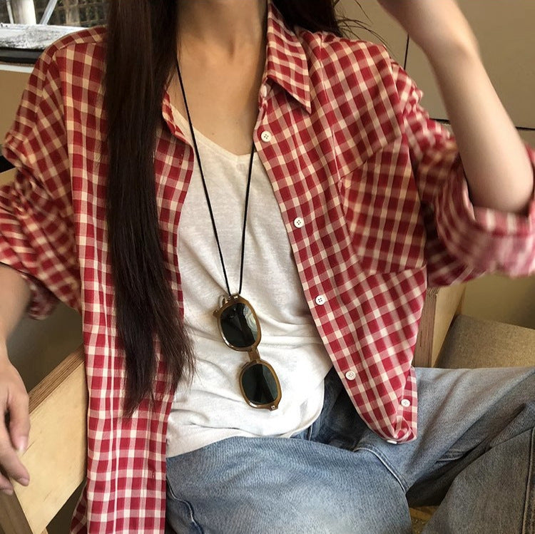 Red Plaid Shirt Cardigan Long Sleeve Jacket [IMPORTED]