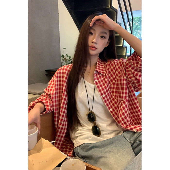 Red Plaid Shirt Cardigan Long Sleeve Jacket [IMPORTED]