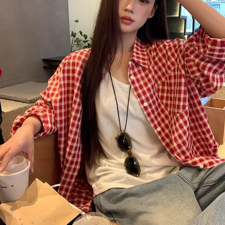 Red Plaid Shirt Cardigan Long Sleeve Jacket [IMPORTED]