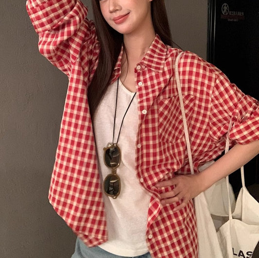 Red Plaid Shirt Cardigan Long Sleeve Jacket [IMPORTED]